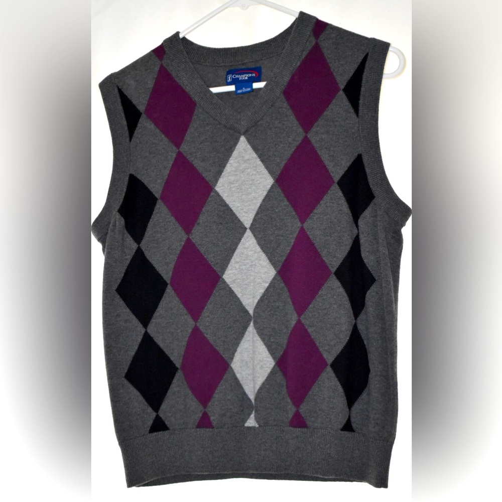 100% Cotton Argyle Print Men’s Sleeveless Cardigan Champions Tour Small